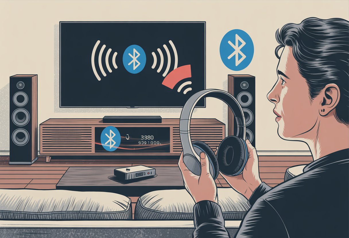 A person holding Bluetooth headphones looks confused in front of a home theater setup with a large TV and speakers, indicating a connection problem.