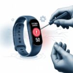 Fitness tracker error code 50 fix: Because Even Your Steps Deserve a Second Chance A fitness tracker wristband displaying a red warning symbol, with technician's gloved hands holding a small screwdriver preparing to fix it.