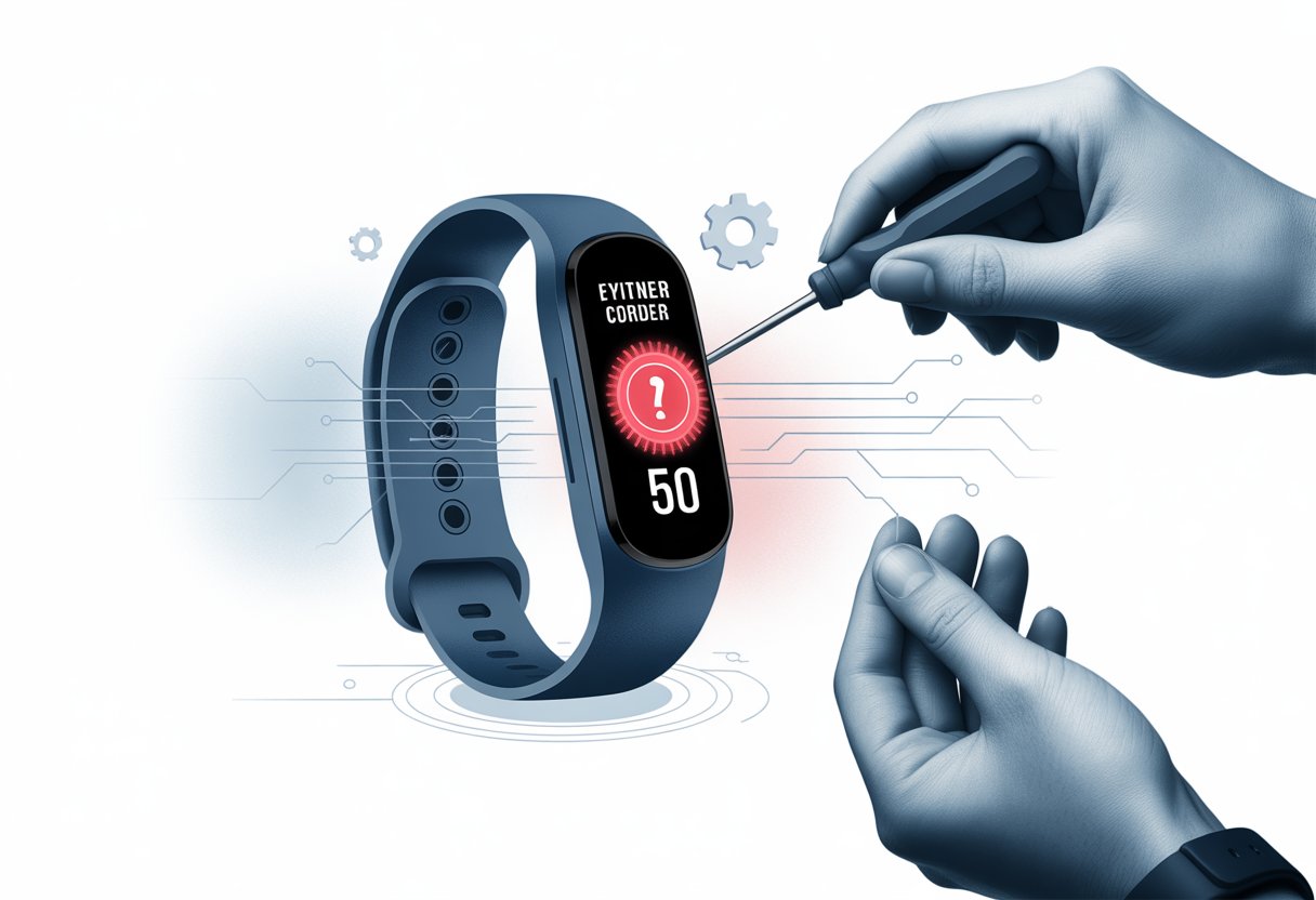 A fitness tracker wristband displaying a red warning symbol, with technician's gloved hands holding a small screwdriver preparing to fix it.