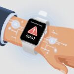 Smartwatch Error Code 5001 Fix: How to Outsmart Your Stubborn Wrist Gadget A hand in a business suit holding a modern smartwatch showing an error symbol on its screen with digital circuit lines in the background.