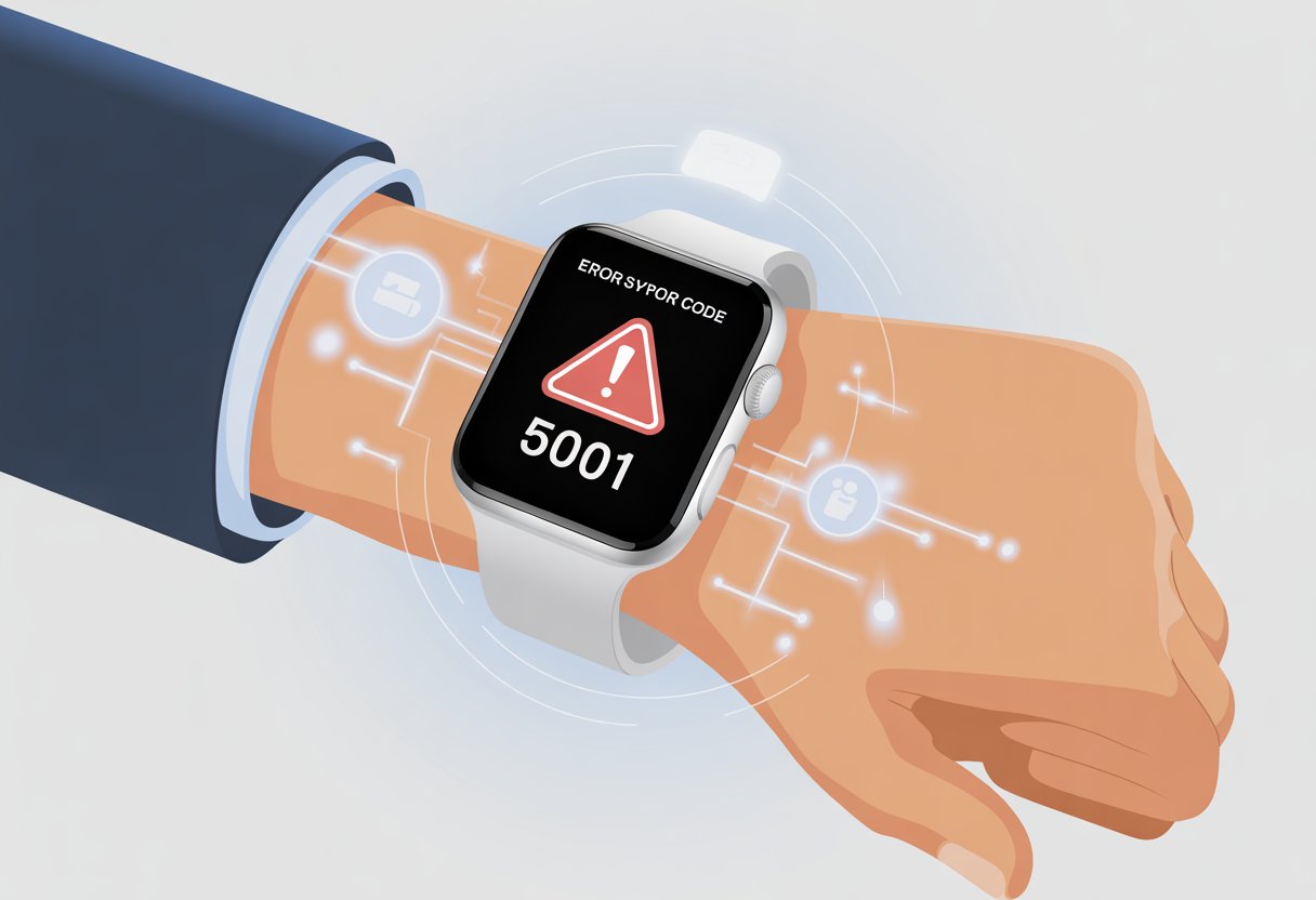 A hand in a business suit holding a modern smartwatch showing an error symbol on its screen with digital circuit lines in the background.