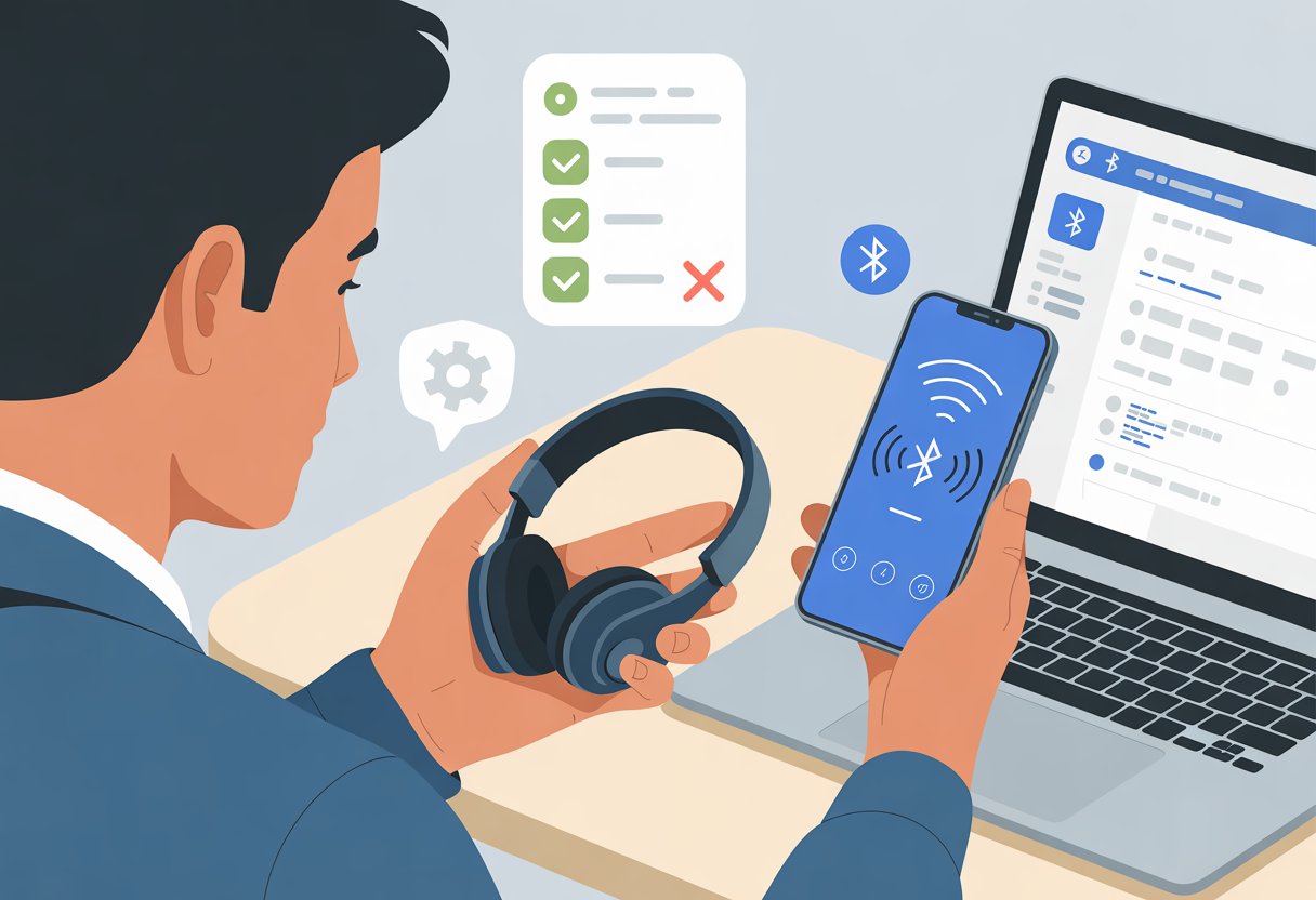 A person at a desk holding Bluetooth headphones and a smartphone, troubleshooting connection issues with wireless signal icons and a laptop showing Bluetooth settings.