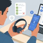 Solving Common Bluetooth Headphone Connection Problems: Why Your Music Keeps Playing Hide and Seek A person at a desk holding Bluetooth headphones and a smartphone, troubleshooting connection issues with wireless signal icons and a laptop showing Bluetooth settings.