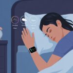 A person sleeping in bed wearing a smartwatch that shows sleep tracking data with icons and charts floating above the bed.
