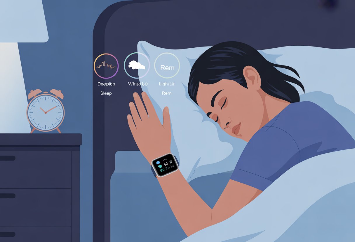 A person sleeping in bed wearing a smartwatch that shows sleep tracking data with icons and charts floating above the bed.