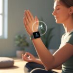 How to use a smartwatch for meditation and Pretend You’re Not Just Checking Notifications A person sitting cross-legged indoors, meditating with a smartwatch on their wrist in a peaceful room.