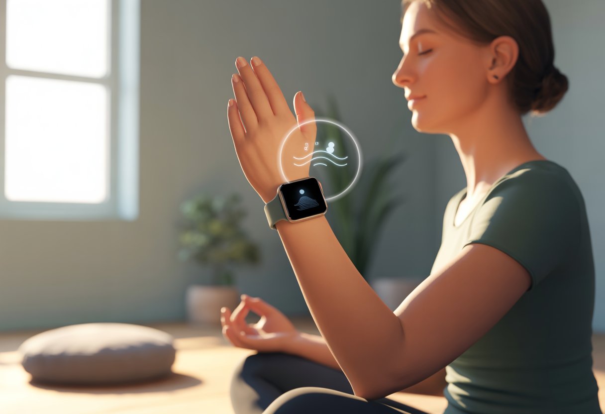 A person sitting cross-legged indoors, meditating with a smartwatch on their wrist in a peaceful room.