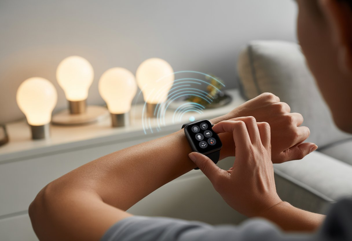 A person using a smartwatch to remotely control lights in a living room.