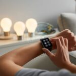 How to use a smartwatch for remote control of lights: Let Your Wrist Become the Light Switch A person using a smartwatch to remotely control lights in a living room.