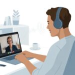 How to Use Bluetooth Headphones with Zoom Without Accidentally Broadcasting Your Playlist Person wearing Bluetooth headphones using a laptop for a Zoom video call in a home office.