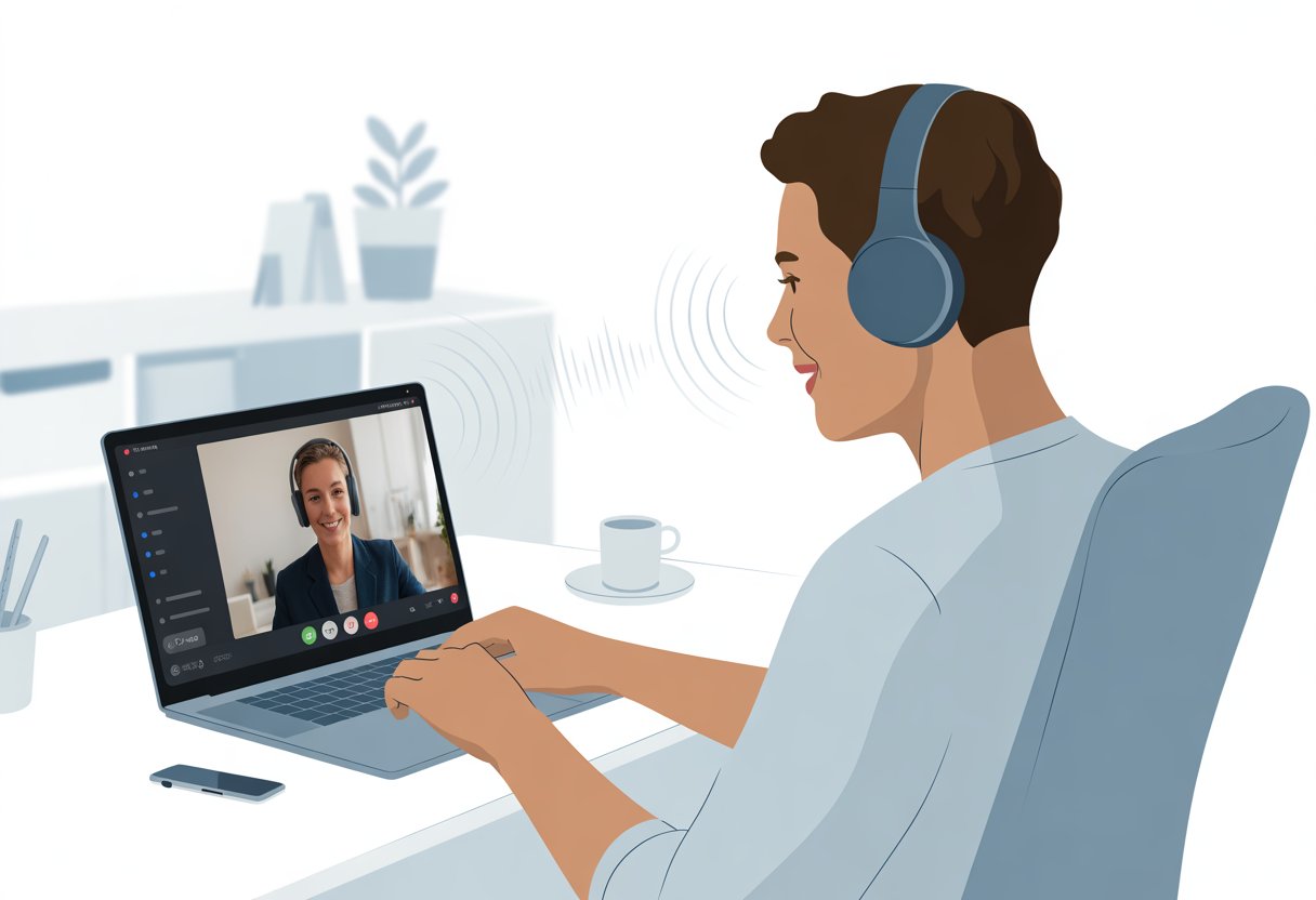 Person wearing Bluetooth headphones using a laptop for a Zoom video call in a home office.