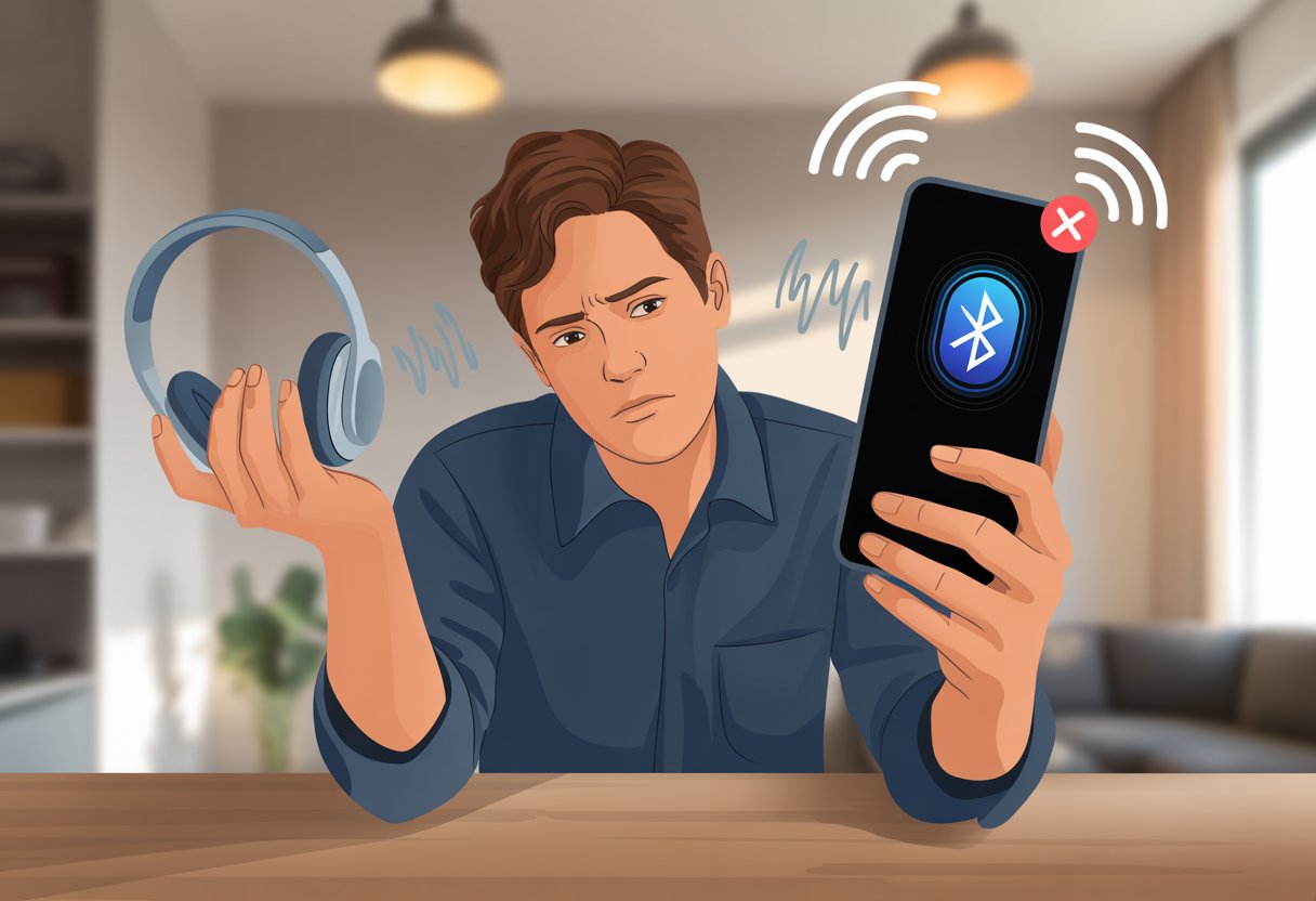 A person holding Bluetooth headphones and a smartphone showing a disconnected Bluetooth icon, looking frustrated at a desk.