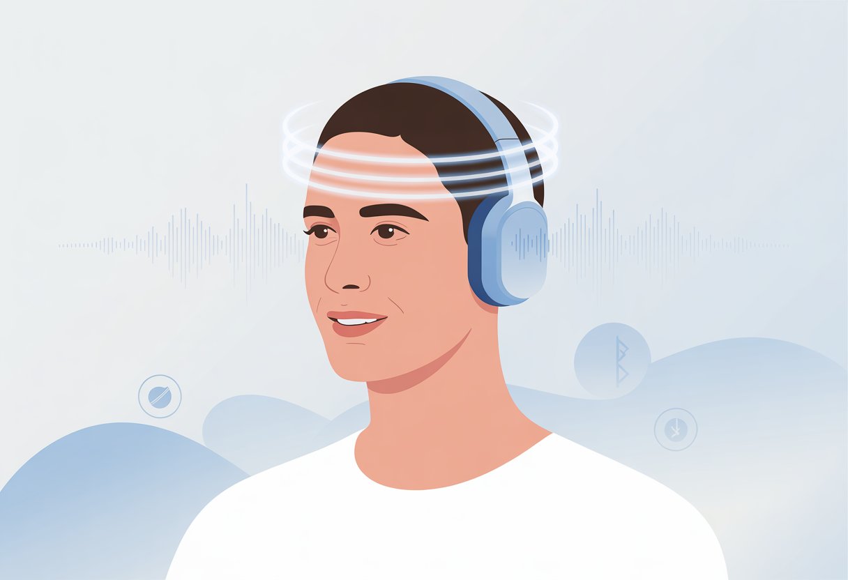 Person wearing Bluetooth headphones with visual elements indicating safe and comfortable listening.