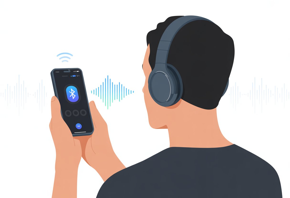 A person wearing Bluetooth headphones holding a smartphone with Siri voice activation indicated by a waveform on the screen.