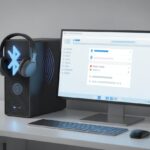 How to use Bluetooth headphones with a desktop PC: Ending Your Wired Woes A desktop PC setup with wireless Bluetooth headphones connected, showing wireless signals between the headphones and the PC.