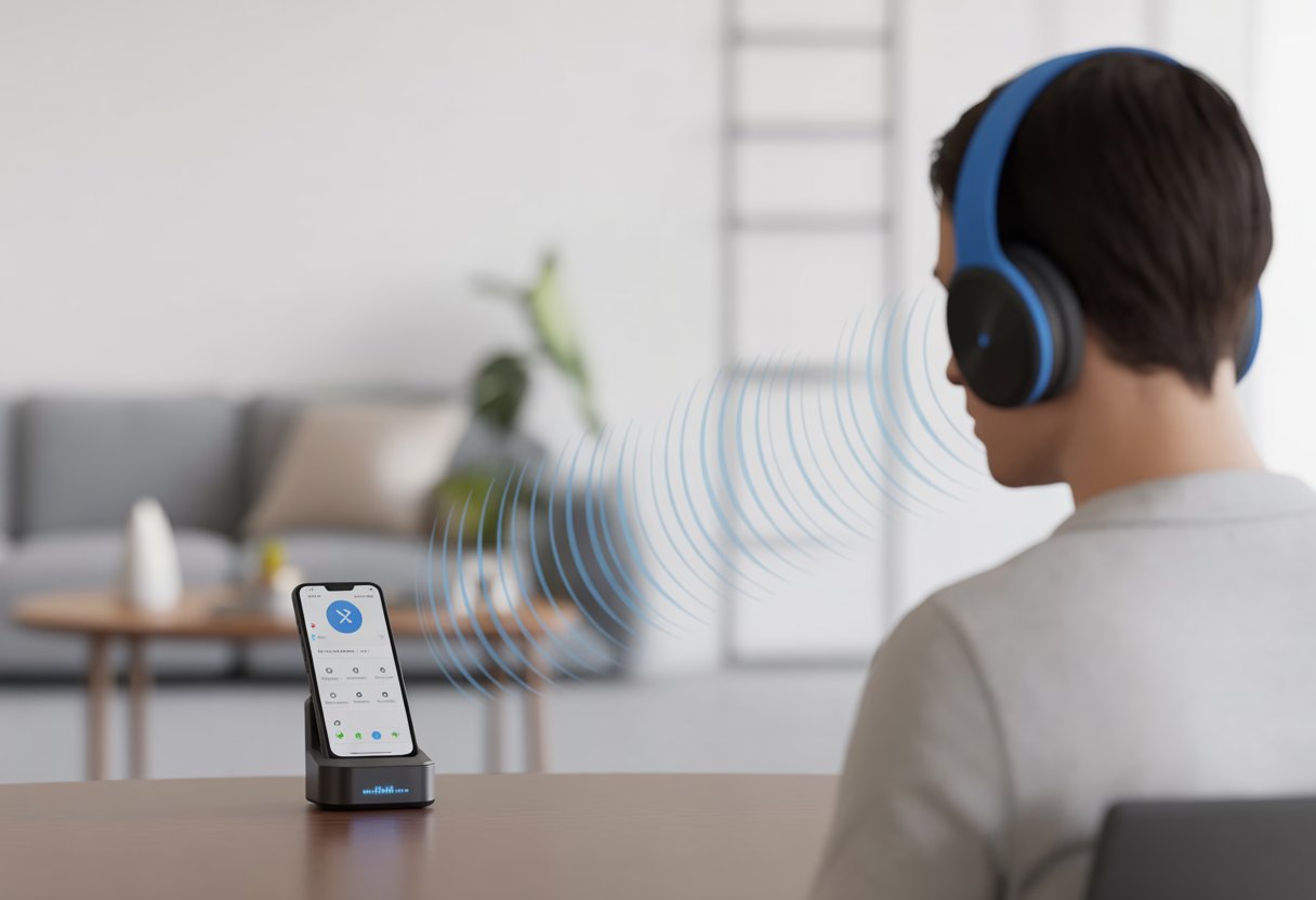 A person wearing Bluetooth headphones connected wirelessly to a smartphone with signal waves extending farther thanks to a Bluetooth signal range extender device placed between them.