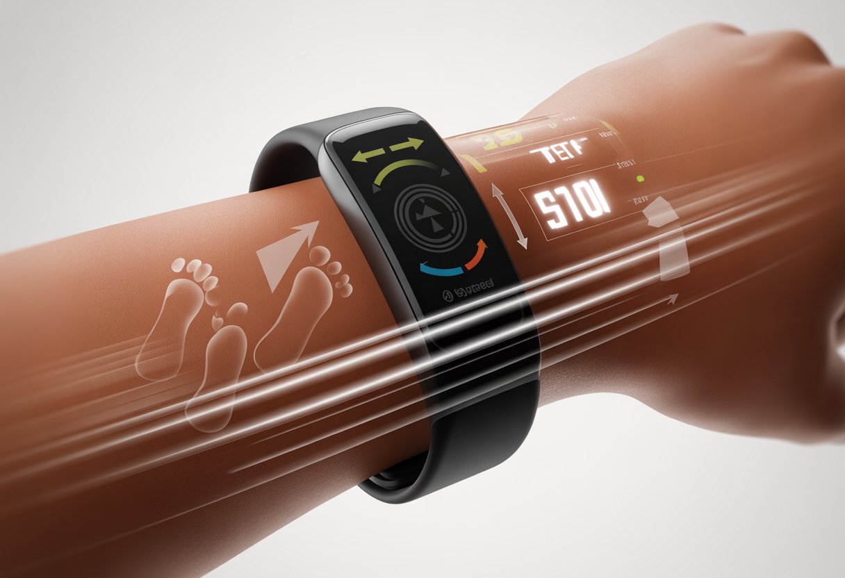 A close-up of a wrist wearing a fitness tracker, showing the device's internal sensors detecting movement and counting steps.