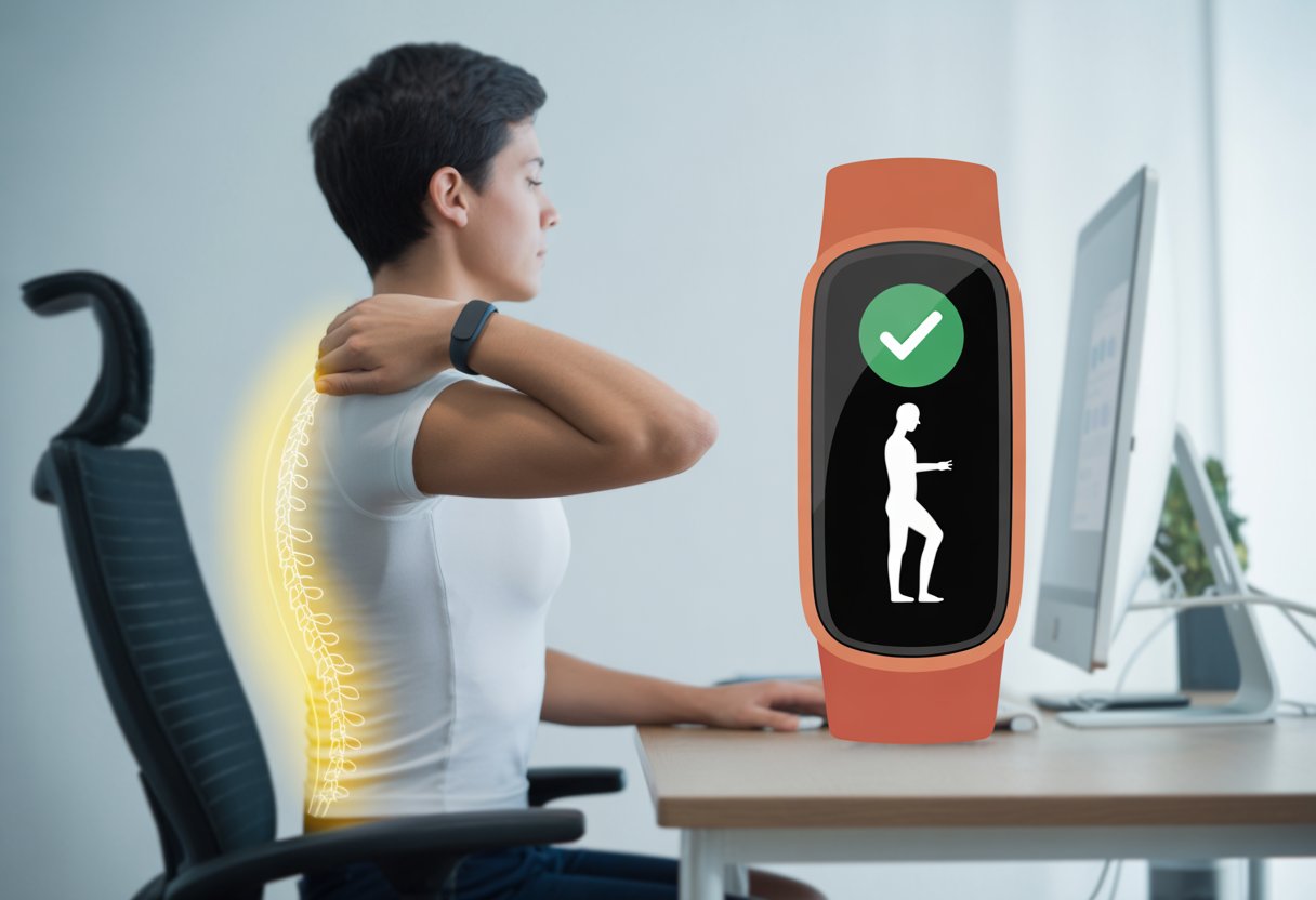 A person sitting at a desk wearing a fitness tracker, demonstrating correct posture with a straight back and aligned shoulders.