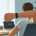 A person sitting at a desk wearing a fitness tracker, stretching as they respond to an alert in a home office.