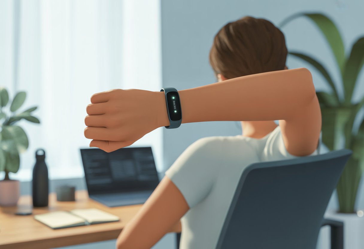 A person sitting at a desk wearing a fitness tracker, stretching as they respond to an alert in a home office.