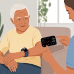 How to Use a Fitness Tracker for Elderly Care: Because Grandma Wants to Outsmart Her Step Counter An elderly person wearing a fitness tracker on their wrist while a caregiver points to the device, both in a cozy living room.