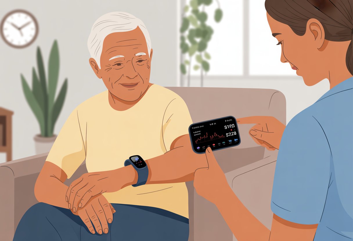 An elderly person wearing a fitness tracker on their wrist while a caregiver points to the device, both in a cozy living room.