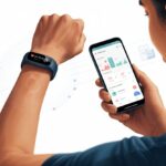 A person wearing a fitness tracker on their wrist and holding an Android smartphone displaying a fitness app.