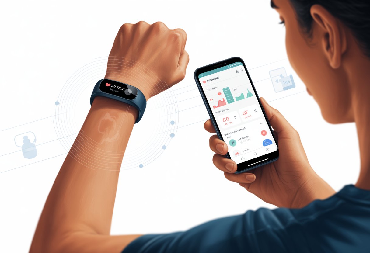 A person wearing a fitness tracker on their wrist and holding an Android smartphone displaying a fitness app.