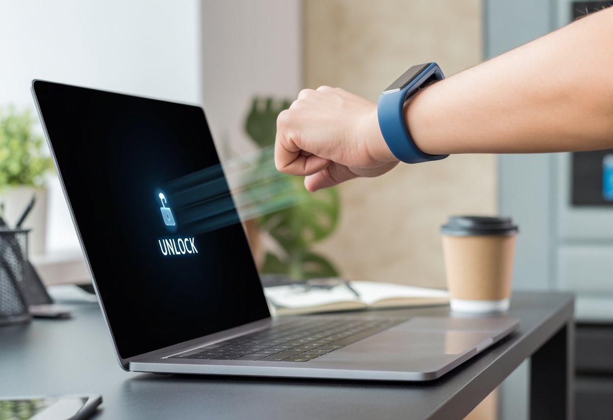 A person wearing a fitness tracker on their wrist is unlocking a laptop on a desk in a modern workspace.