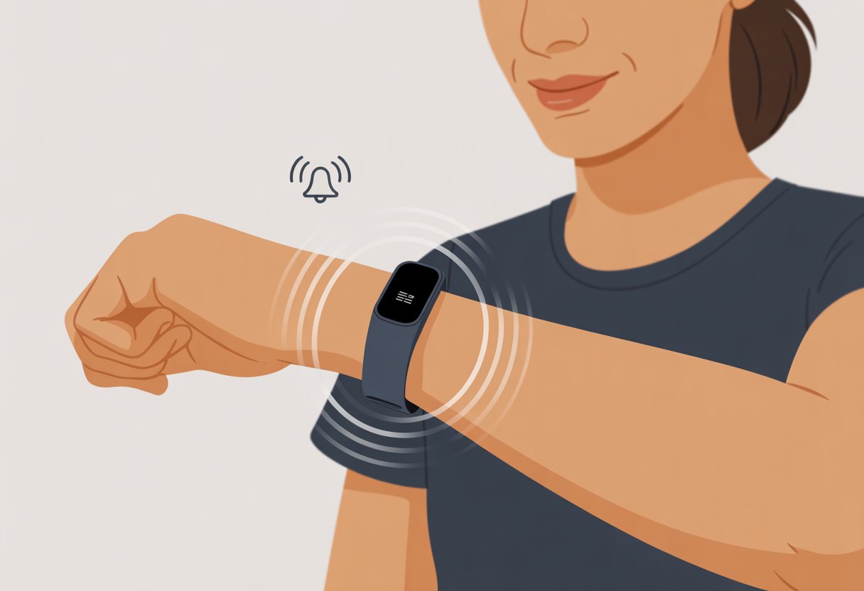 A person wearing a fitness tracker on their wrist with vibration waves indicating an alert.