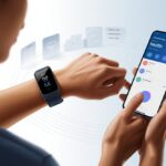 How to Use a Fitness Tracker with Samsung Health and Actually Remember Where You Left It A person wearing a fitness tracker on their wrist uses a smartphone showing the Samsung Health app with health-related icons in the background.
