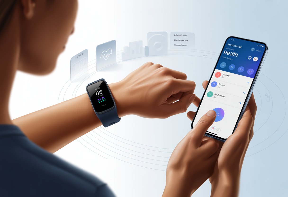A person wearing a fitness tracker on their wrist uses a smartphone showing the Samsung Health app with health-related icons in the background.