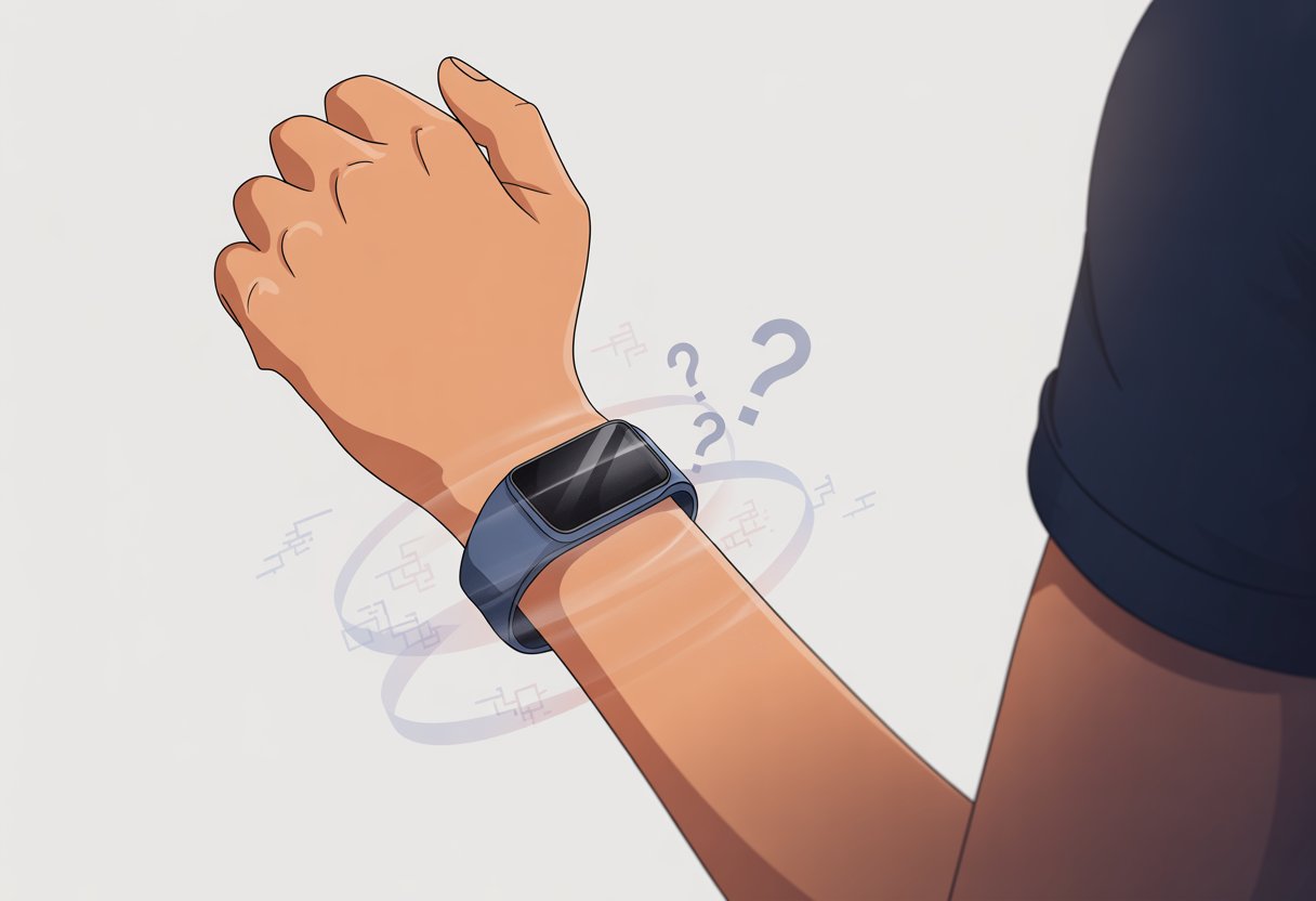 A close-up of a person's wrist wearing a fitness tracker with a blank screen, the hand raised slightly as if confused.