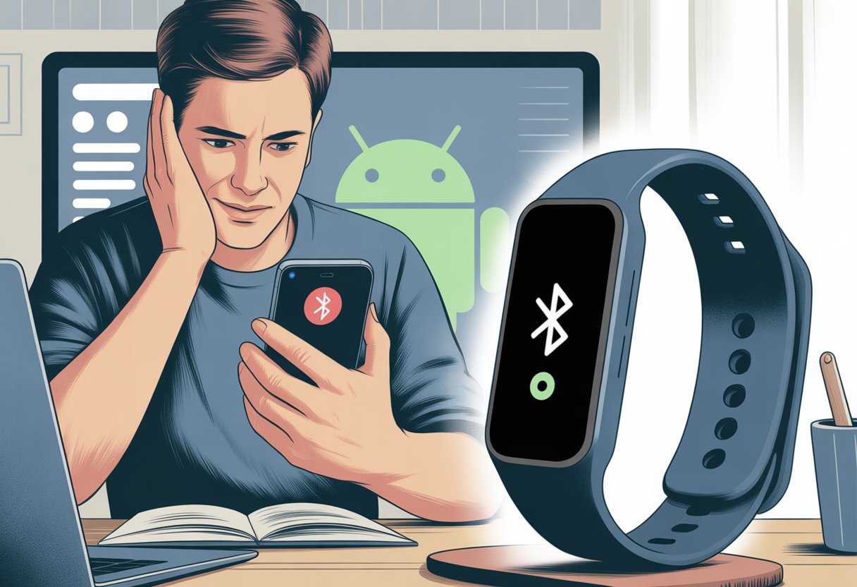 A person looking frustrated while trying to connect a fitness tracker to an Android smartphone at a desk.