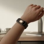 A person wearing a fitness tracker showing a glowing logo screen while resting their hand on a desk with a laptop and water bottle nearby.