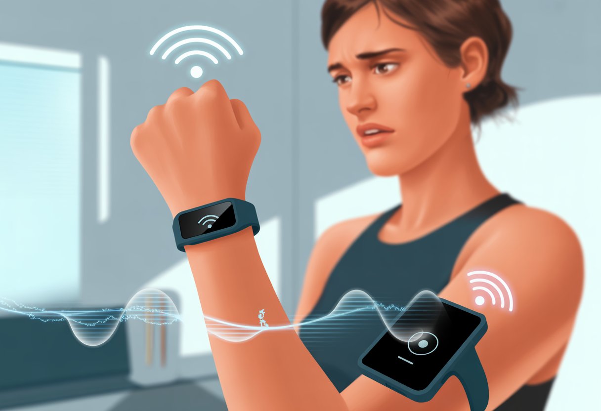 A person wearing a fitness tracker looks confused as the device shows a broken wireless signal, with a smartphone nearby indicating connection problems.