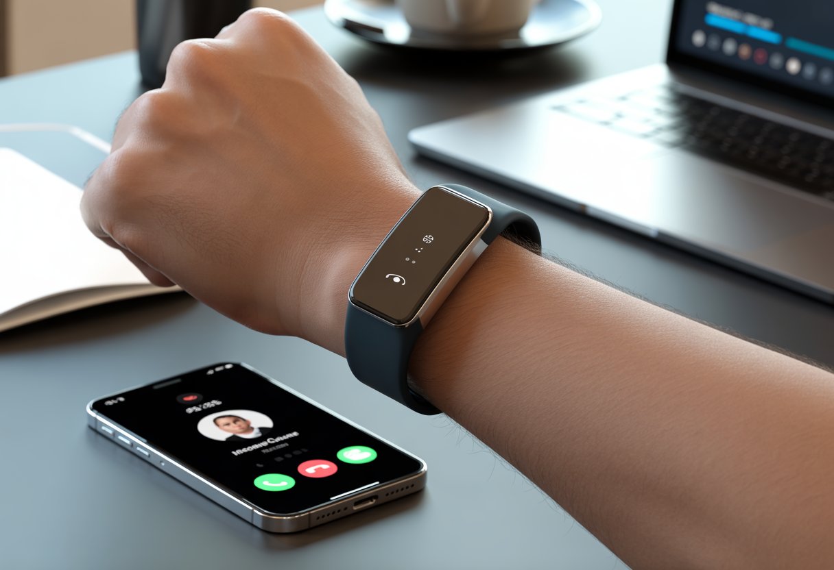 A person wearing a fitness tracker on their wrist with a blank screen, while a nearby smartphone shows an incoming call.