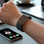 A person wearing a fitness tracker on their wrist with a blank screen, while a nearby smartphone shows an incoming call.