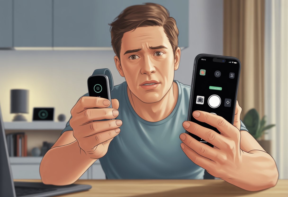 A person sitting at a desk holding a fitness tracker and looking confused at a smartphone with a camera app open.