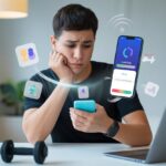 Why does my fitness tracker app keep logging me out? Maybe It's Tired of Counting Your Steps A person sitting at a desk looking frustrated while holding a smartphone showing a fitness app with error symbols, surrounded by fitness gear and tech devices.