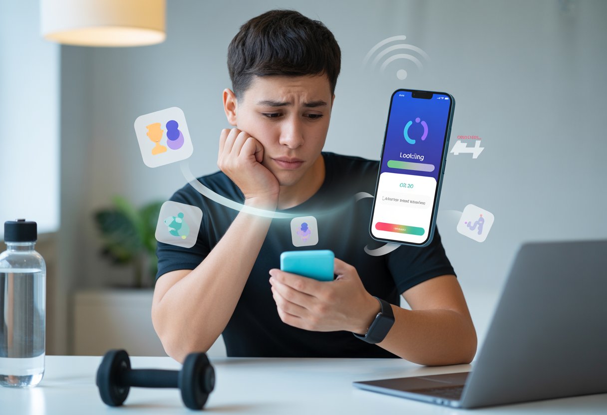 A person sitting at a desk looking frustrated while holding a smartphone showing a fitness app with error symbols, surrounded by fitness gear and tech devices.