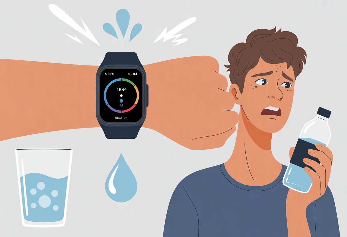 A person looking at their fitness tracker on their wrist with a confused expression, surrounded by a glass of water and water droplets.