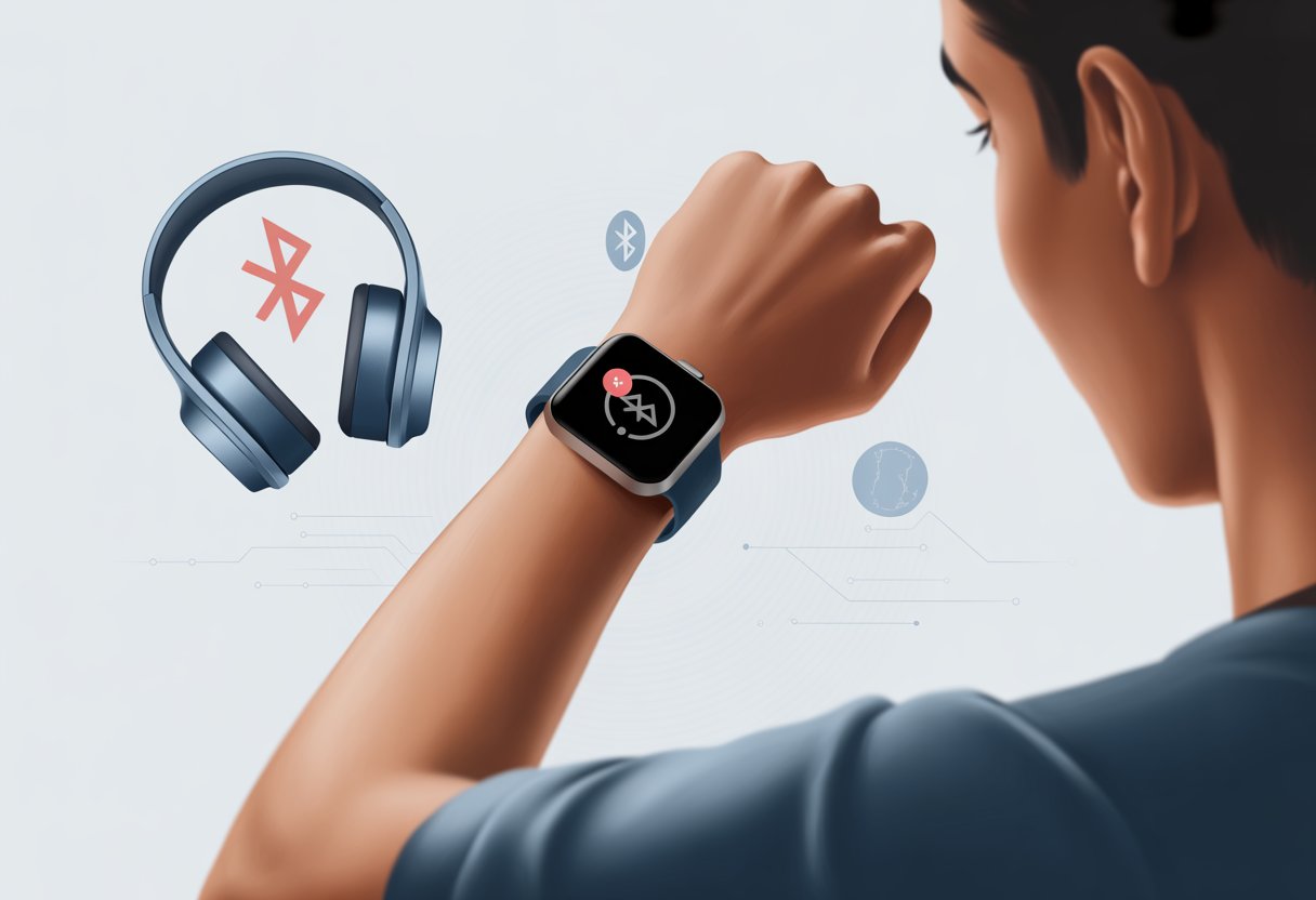 A close-up of a wrist wearing a smartwatch showing a Bluetooth connection issue, with Bluetooth headphones nearby also indicating a connection problem.