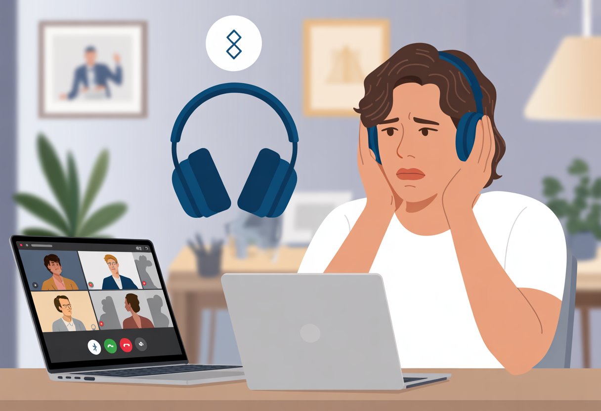 A person sitting at a desk with a laptop and Bluetooth headphones, looking confused during a video call.
