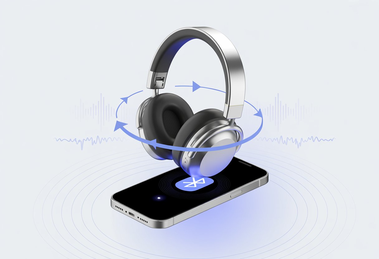 A pair of Bluetooth headphones floating above a smartphone with circular arrows around the headphones indicating restarting.