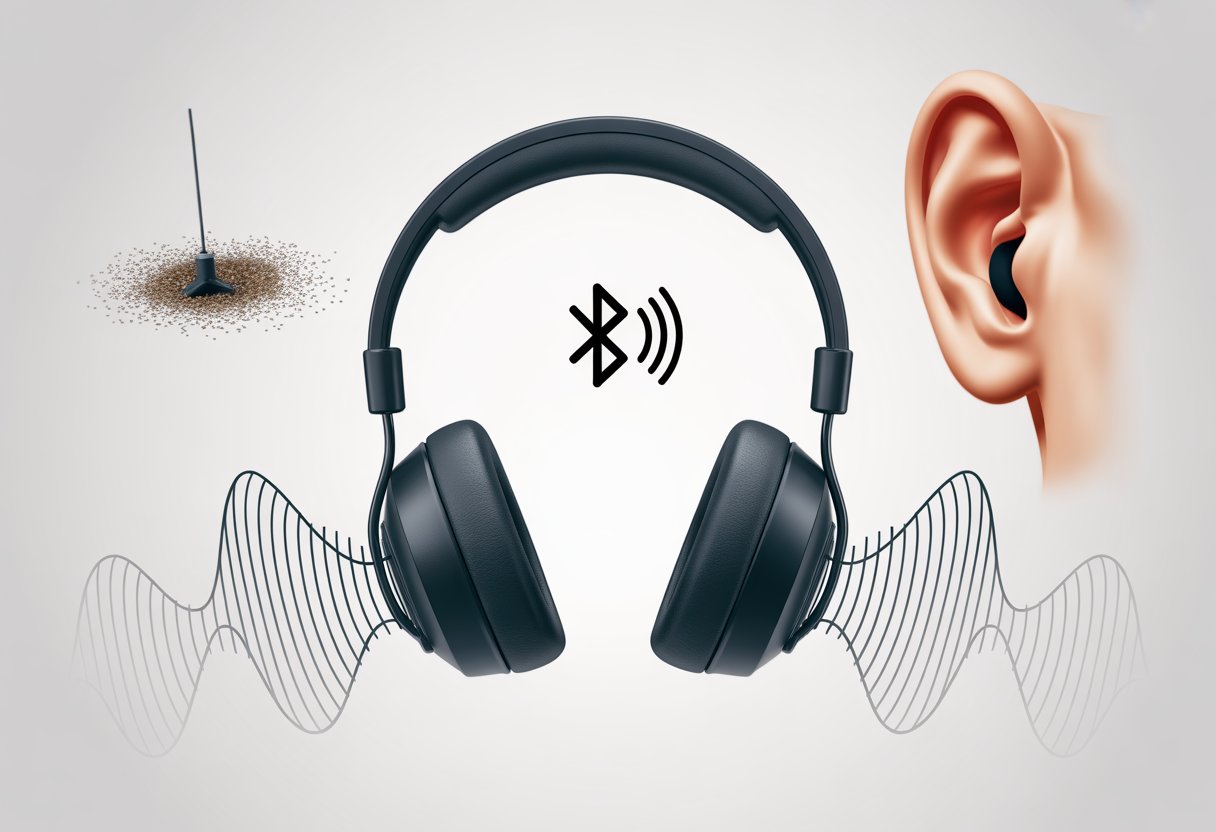 A pair of Bluetooth headphones with distorted sound waves and visual hints of dust, weak signal, and earwax blockage around them.