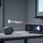 Why do my Bluetooth headphones not work with my projector? Solving Tech Mysteries for the Audio-Challenged A projector on a table projecting an image onto a screen with Bluetooth headphones nearby showing no wireless connection between them.