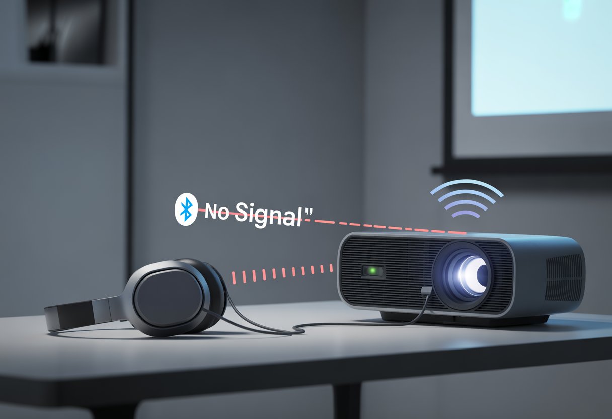 A projector on a table projecting an image onto a screen with Bluetooth headphones nearby showing no wireless connection between them.