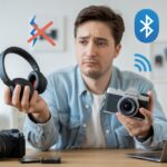Why do my Bluetooth headphones not work with my camera? Reasons Your Gadgets Won’t Play Nice Together A person holding Bluetooth headphones and a digital camera, looking puzzled, surrounded by icons indicating connectivity problems.