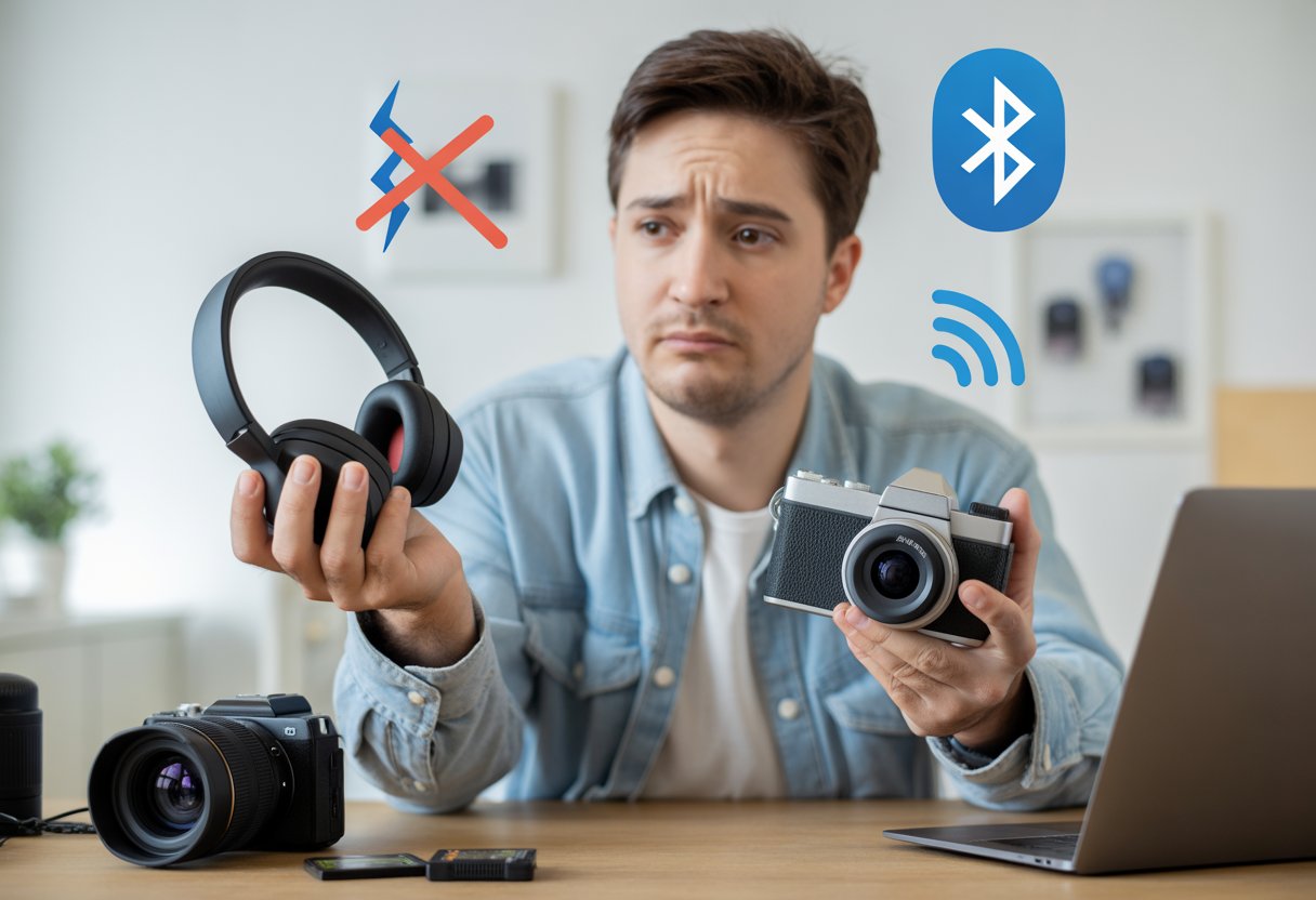 A person holding Bluetooth headphones and a digital camera, looking puzzled, surrounded by icons indicating connectivity problems.